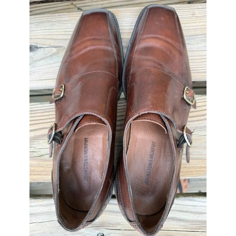 Johnston & Murphy Double Monk Strap Brown Leather Dress Shoes Mens 11.5M Flex